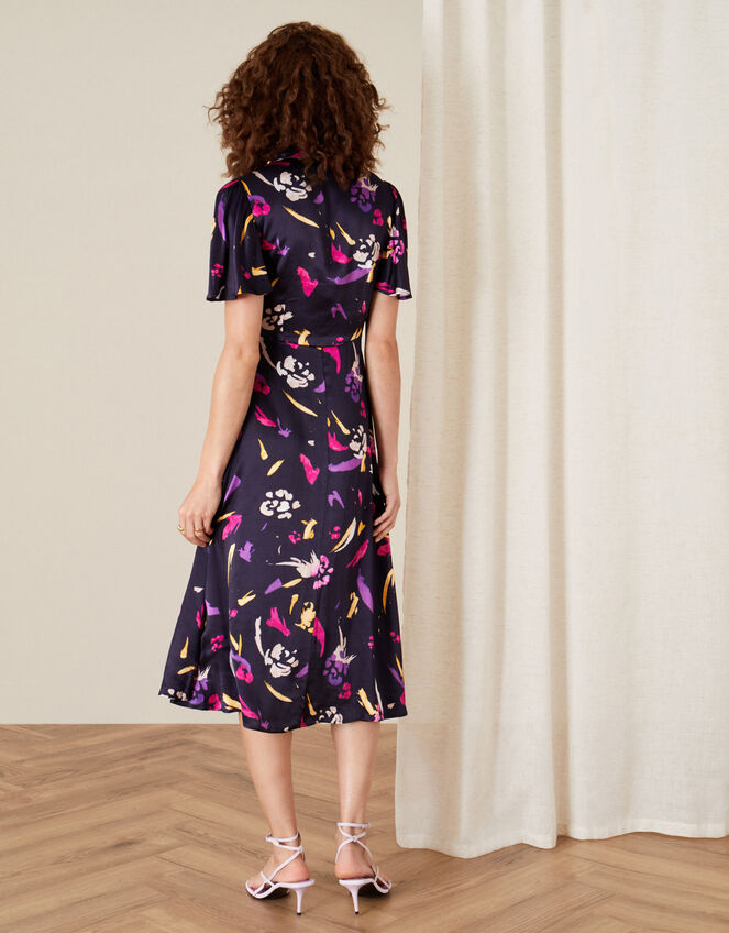 Sapphire Printed Satin Tea Dress, Blue (NAVY), large
