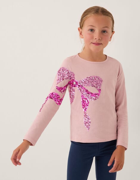 Sequin Bow Long Sleeve Top, Pink (PINK), large