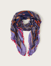 Printed Pom-Pom Trim Scarf in Recycled Polyester, , large