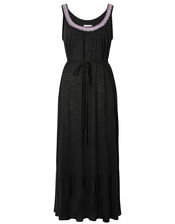 Embroidered Neck Jersey Dress in , Black (BLACK), large