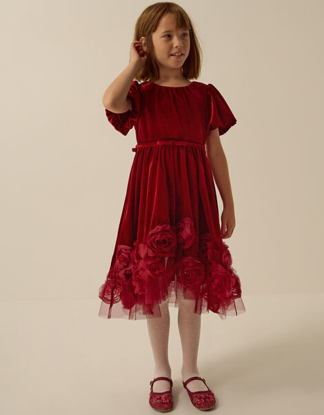 Adelyn Floral Appliqu&eacute; Velvet Party Dress, Red (RED), large