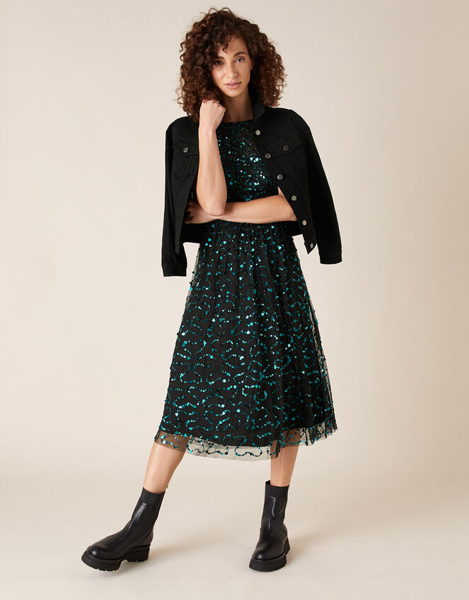 Aphrodite Heart Sequin Midi Dress, Black (BLACK), large