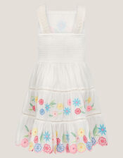 Floral Embroidered Cotton Dress, Ivory (IVORY), large