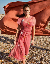 Elissia Embellished Midi Dress in Recycled Fabric, Orange (CORAL), large