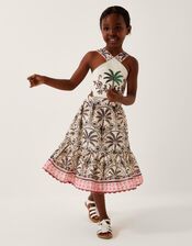 Palm Print Embellished Halter Dress, Ivory (IVORY), large