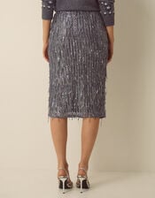 Samie Sequin Fringe Pencil Skirt, Dark Silver (GUNMETAL), large
