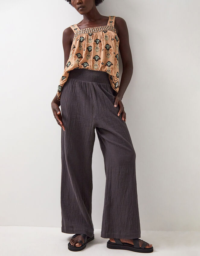 East Stephanie Crinkled Cotton Trousers, Grey (CHARCOAL), large