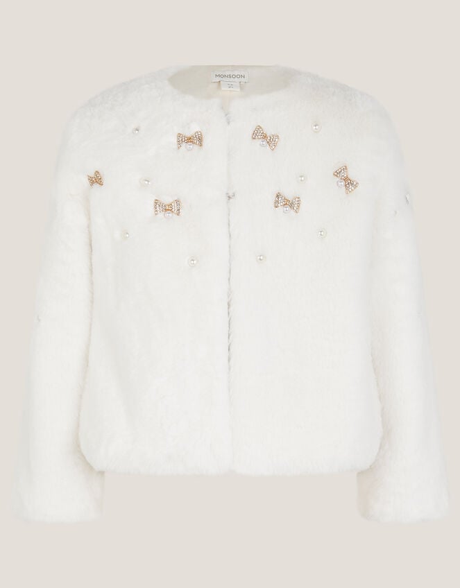Embellished Faux Fur Coat, Ivory (IVORY), large