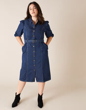 Belted Denim Midi Dress in Organic Cotton, Blue (DENIM BLUE), large