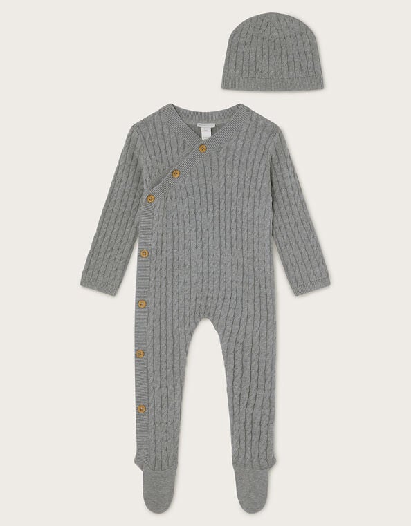 Newborn Cable Knit Romper and Hat Set, Gray (GREY), large