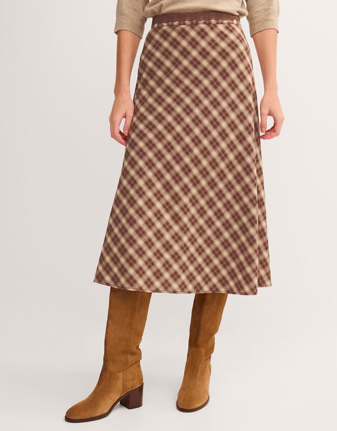 Frankie Check Print Midi Skirt, Brown (BROWN), large