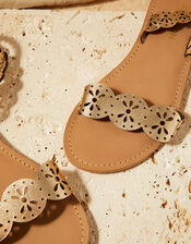 Leather Laser Cut Sandals, Gold (GOLD), large