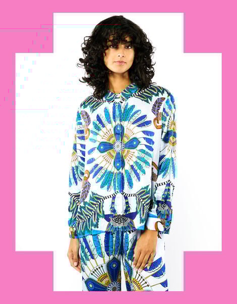 Wild Bonaventure Feather Print Shirt, Blue (BLUE), large