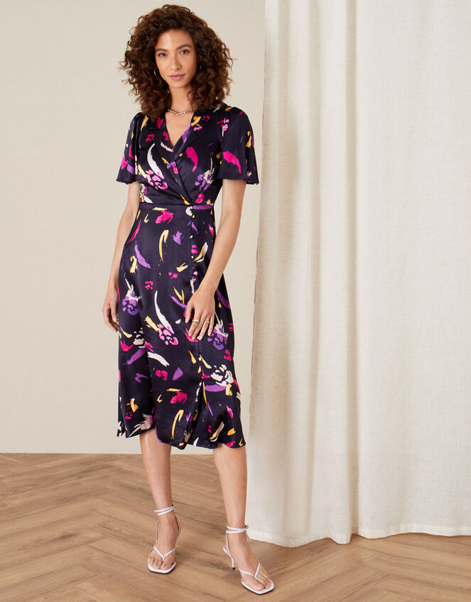 Sapphire Printed Satin Tea Dress, Blue (NAVY), large