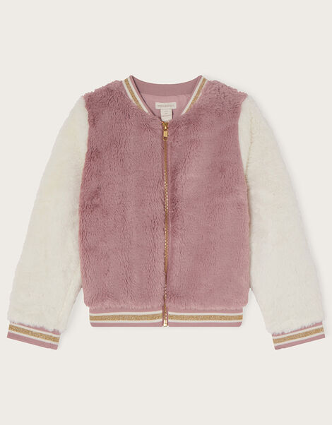 Faux Fur Varsity Bomber Jacket, Pink (PINK), large