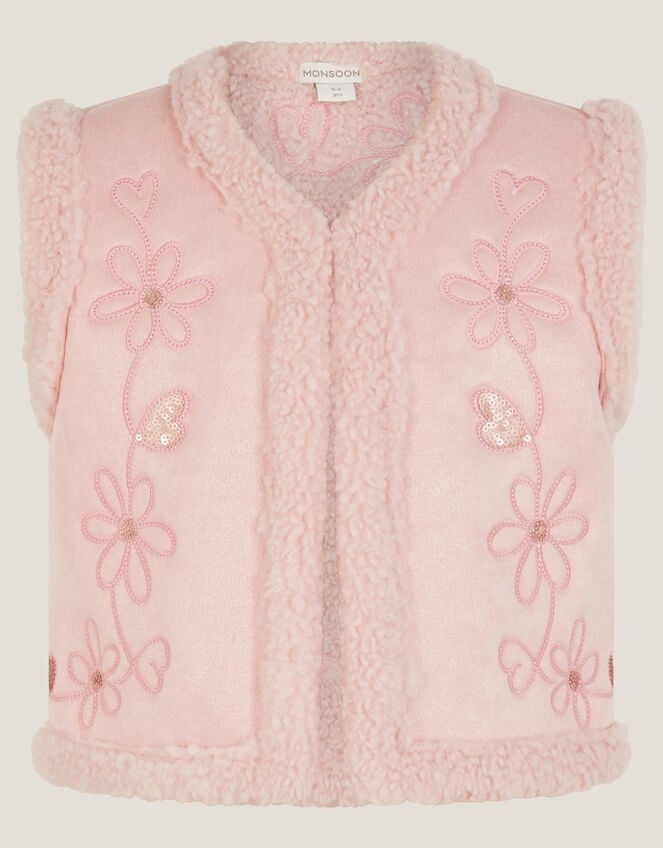 Floral Embellished Faux Suede Gilet, Pink (PINK), large