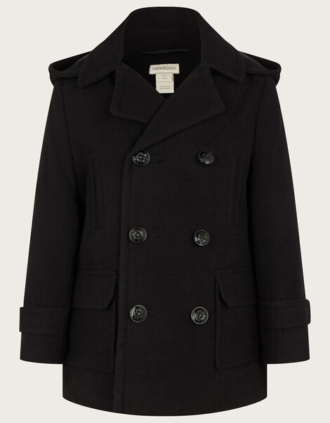 Double Breasted Peacoat with Hood, Black (BLACK), large