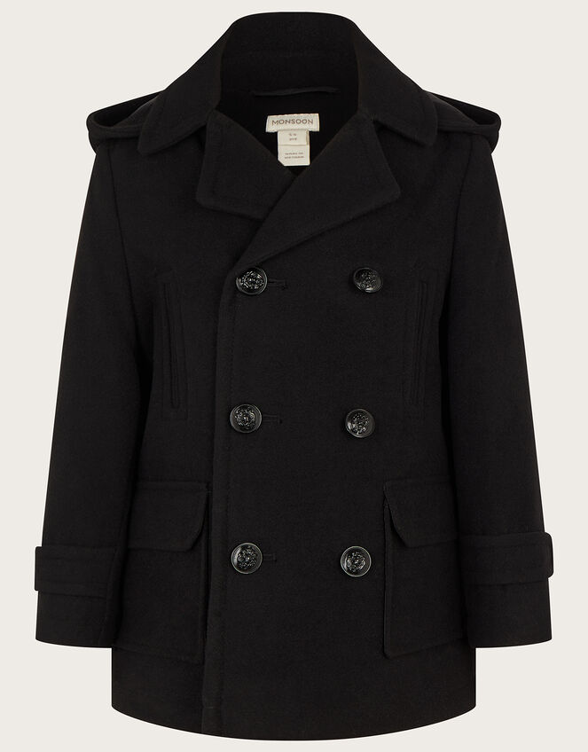 Double Breasted Peacoat with Hood, Black (BLACK), large
