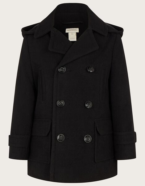 Double Breasted Peacoat with Hood Black, Black (BLACK), large