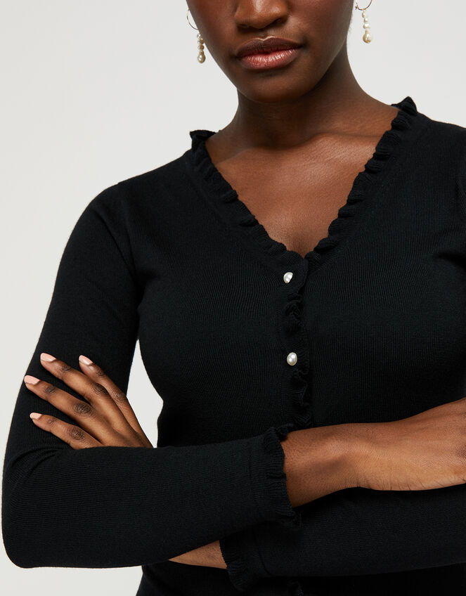 Frilled Knit Cardigan with Faux Pearl Buttons, Black (BLACK), large