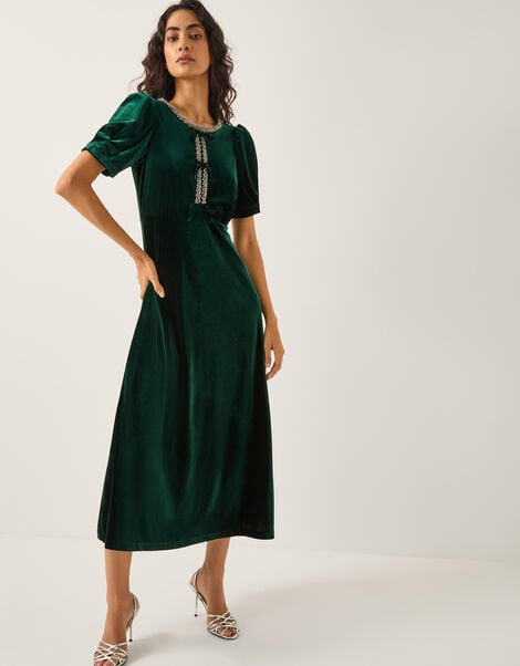 Celeste Embellished Bow Velvet Midi Dress, Green (DARK GREEN), large