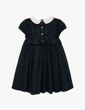 Trotters Tartan Charlotte Short Sleeve Smocked Dress, Blue (NAVY), large