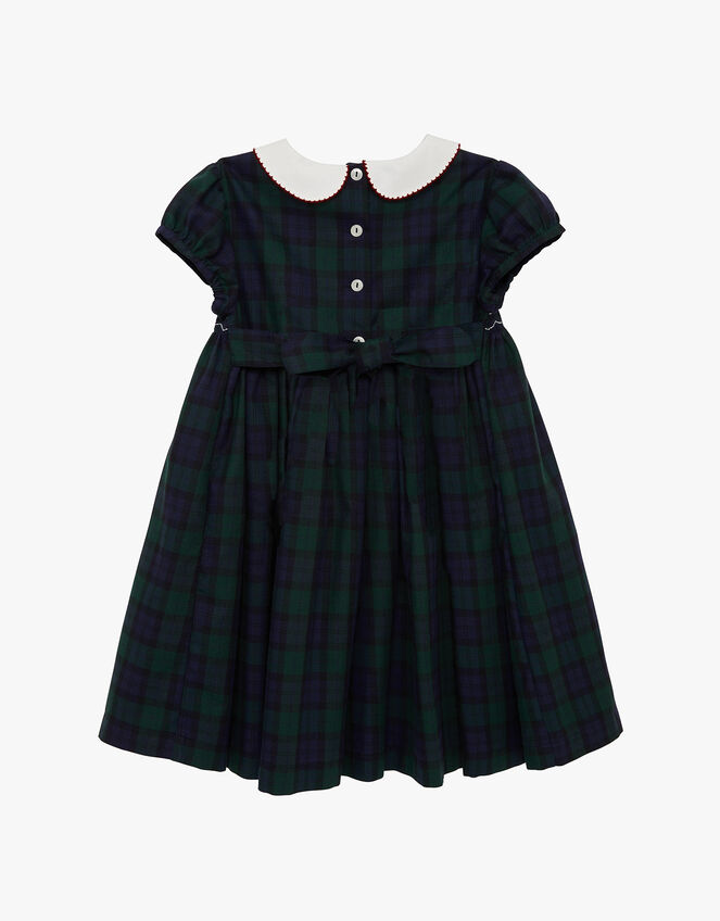 Trotters Tartan Charlotte Short Sleeve Smocked Dress, Blue (NAVY), large