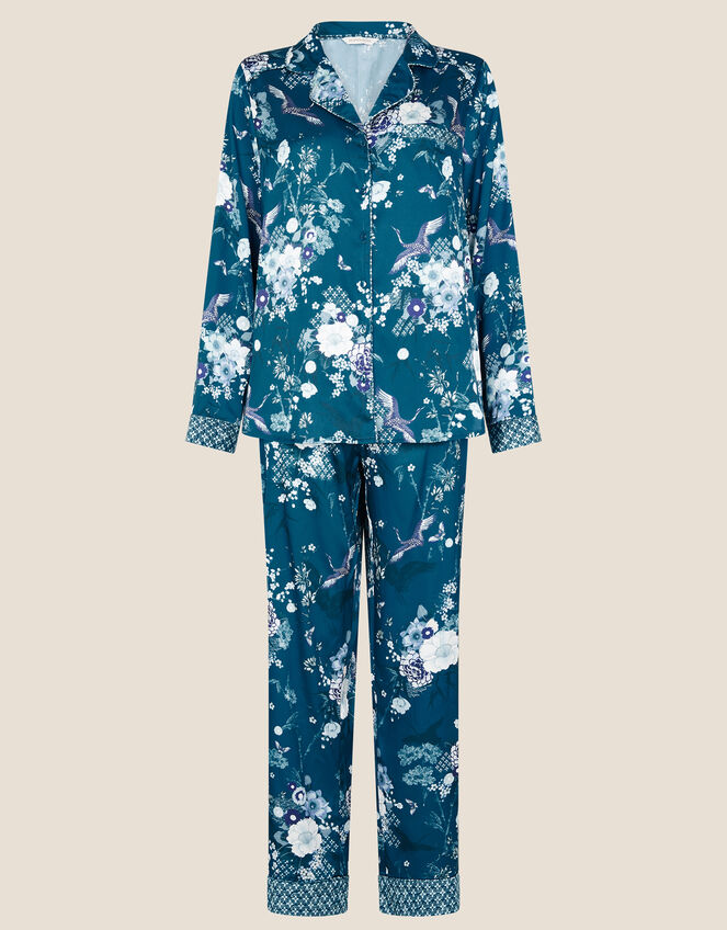 Floral Satin Pyjama Set, Teal (TEAL), large