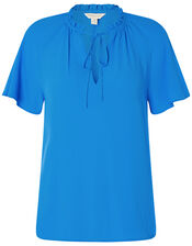 Tie Neck Short Sleeve Blouse, Blue (BLUE), large