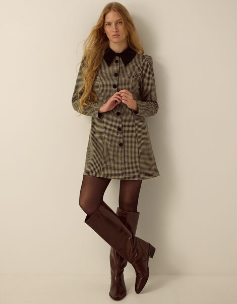 Monsoon x Queens of Archive Mary Velvet Collar Houndstooth Mini Dress​, Black (BLACK), large