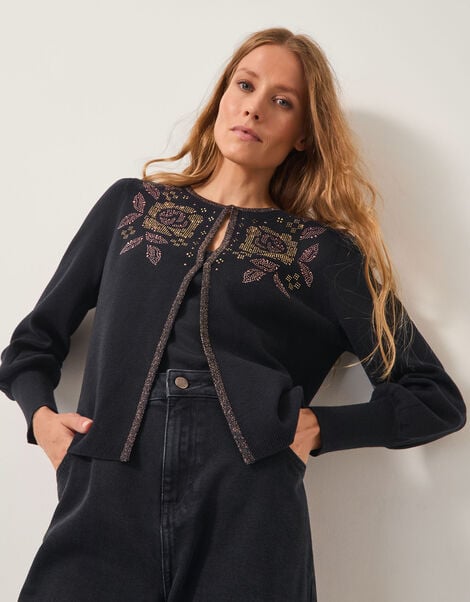 Hal Floral Hotfix Cardigan, Black (BLACK), large