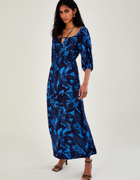Bardot Leaf Print Jersey Maxi Dress Blue, Blue (BLUE), large