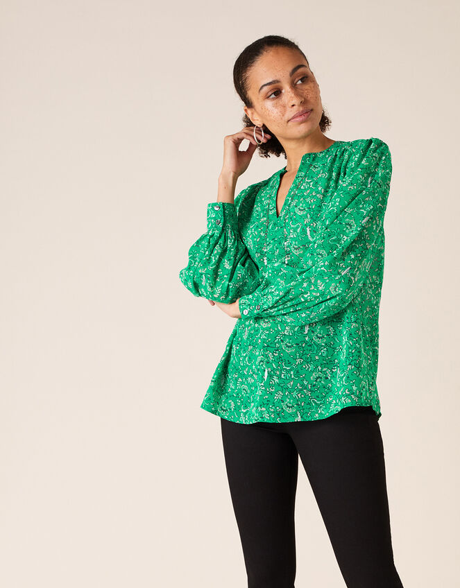 Sequin Neckline Printed Blouse, Green (GREEN), large