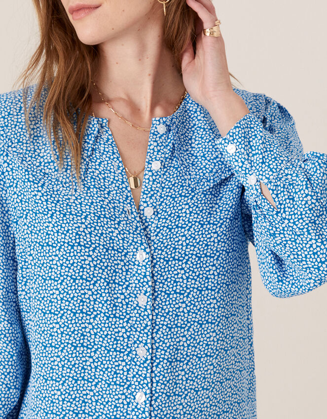 Printed Wide Collar Blouse, Blue (BLUE), large