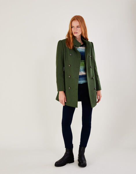 Diana Military Wool Pea Coat with Recycled Polyester, Green (KHAKI), large