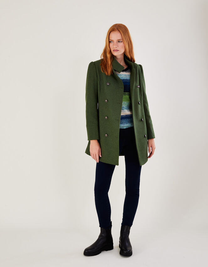 Diana Military Wool Pea Coat with Recycled Polyester, Green (KHAKI), large
