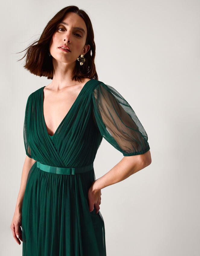 Ellie Sheer Sleeve Plunge Tulle Maxi Dress, Green (DARK GREEN), large
