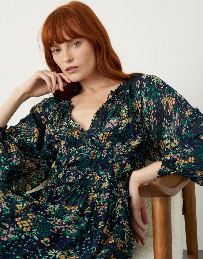 Floral Midi Dress in Sustainable Viscose, Blue (NAVY), large