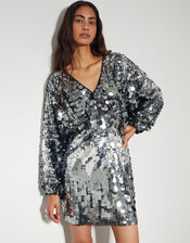 Dina Dolman Sequin Mini Dress, Silver (SILVER), large