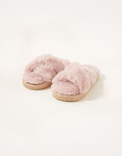 Cross Strap Fluffy Sliders, Pink (PINK), large