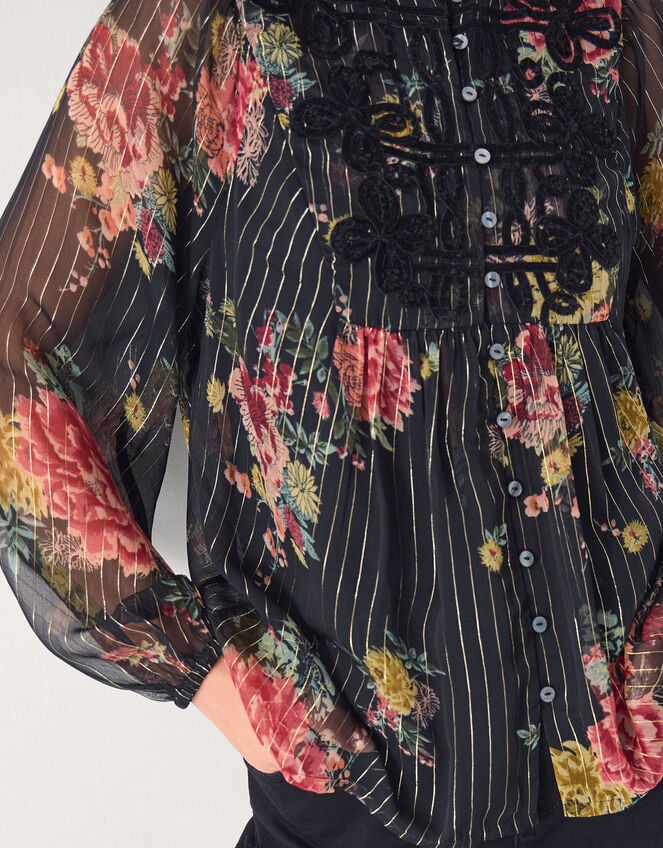 Azami Shimmer Stripe Floral Blouse, Black (BLACK), large