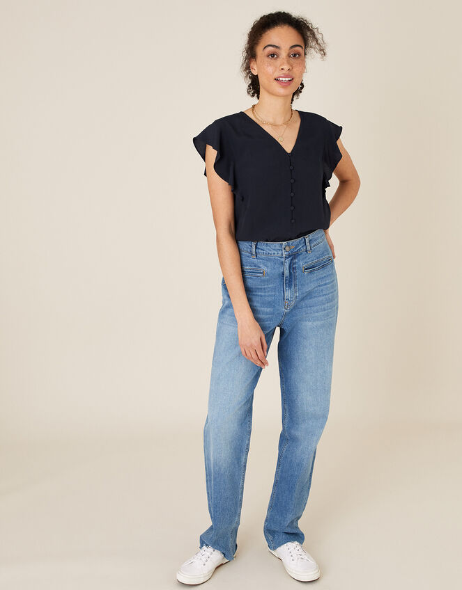 Ruffle Short Sleeve Blouse, Blue (NAVY), large