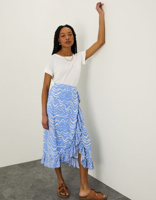 Wrap Wave Print Midi Skirt, Blue (BLUE), large