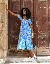 Florence Leaf Print Tea Dress in Sustainable Viscose, Blue (BLUE), large