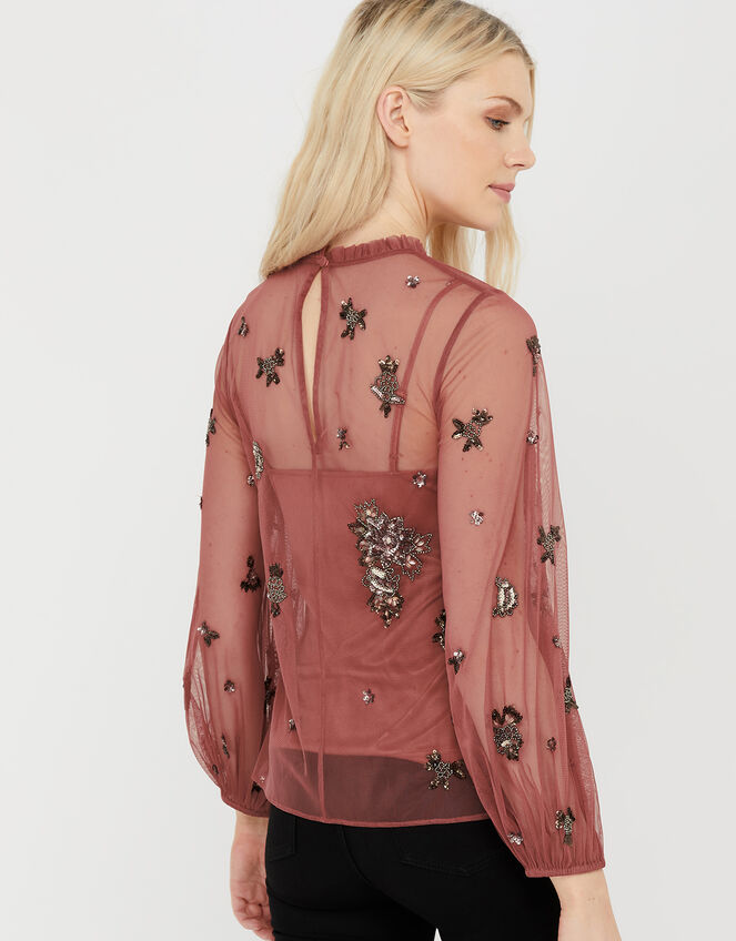 Rosanna Sustainable Embellished Mesh Blouse, Pink (ROSE), large