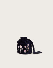 Embroidered Velvet Tassel Bucket Bag, , large