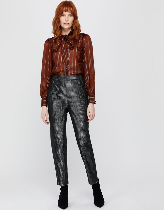 Elodie Metallic Pussybow Blouse, Brown (CHOCOLATE), large