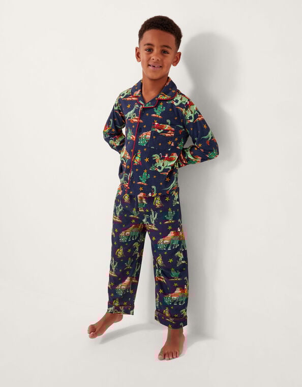 Christmas Dinosaur Print Long Pyjamas Set, Blue (NAVY), large