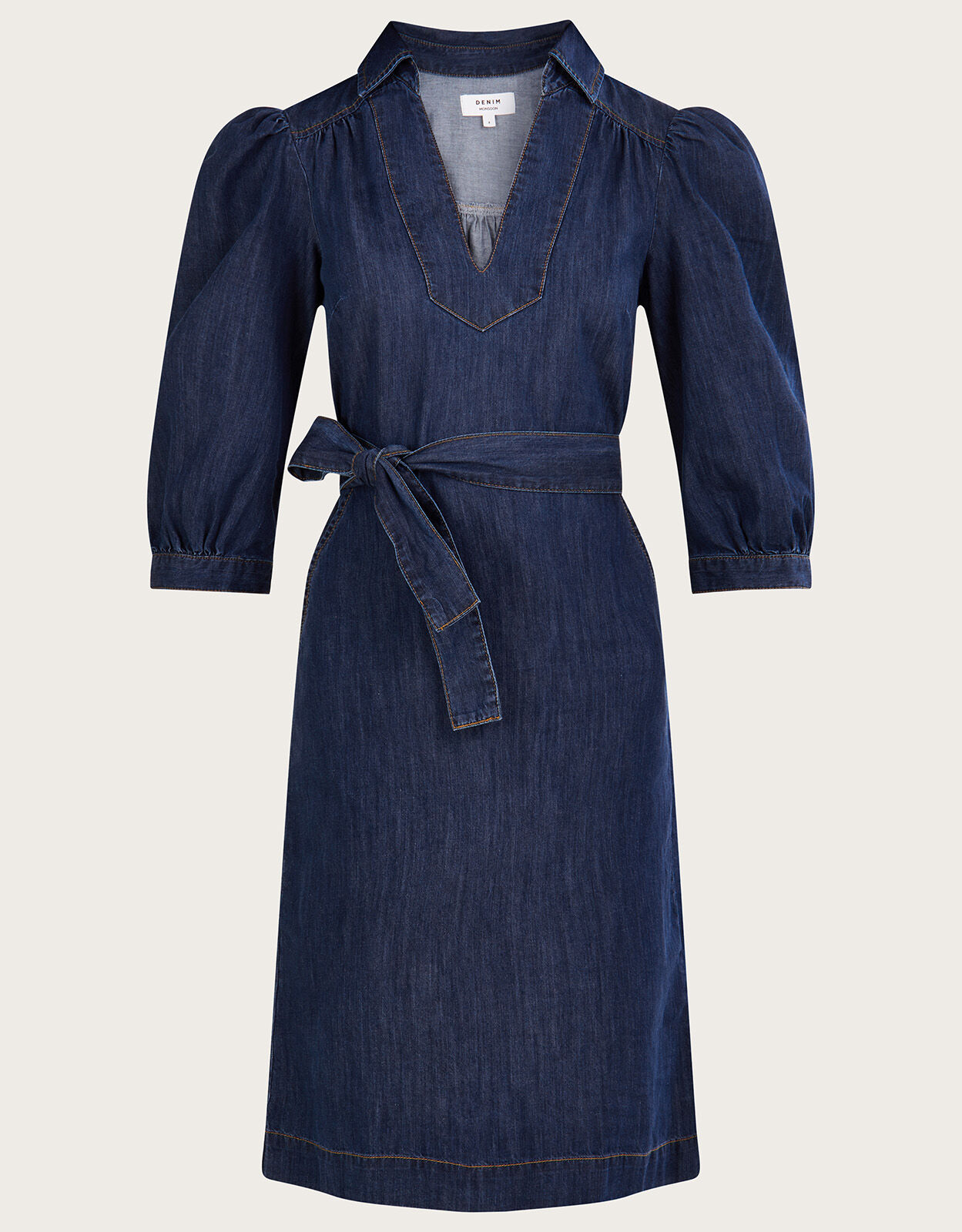 Denim V Neck Belted Midi Dress Blue Day Dresses Monsoon Global