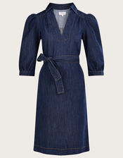 Denim V-Neck Belted Midi Dress, Blue (DENIM BLUE), large